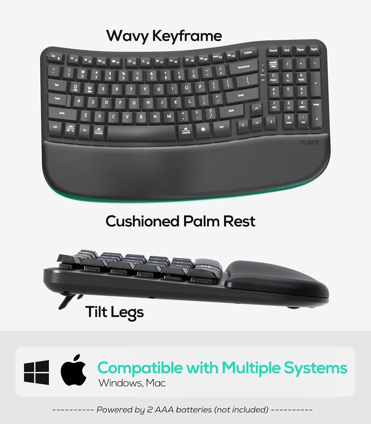 Nulea Wave Keys Ergonomic Keyboard Wireless with Cushioned Palm Rest