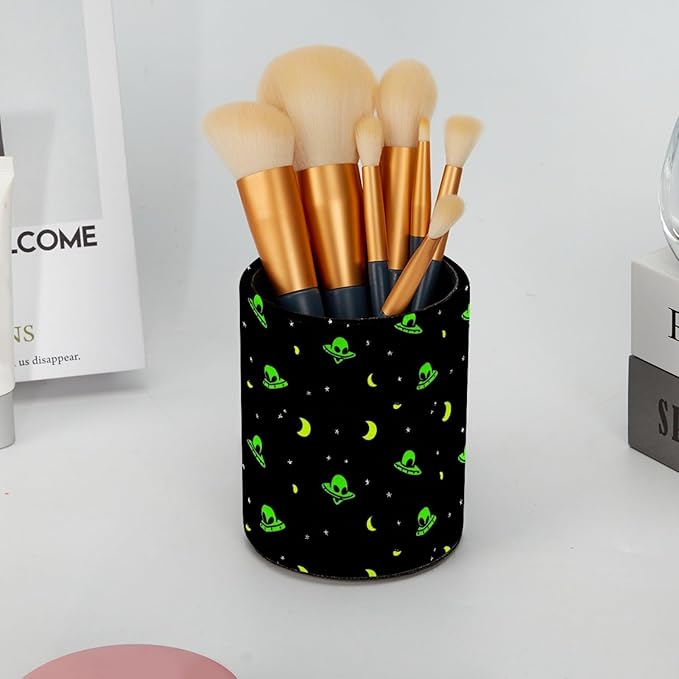 Leather Pen Holder for Desk Green Alien Moon Pencil Cup Desktop Organizer - Image 6