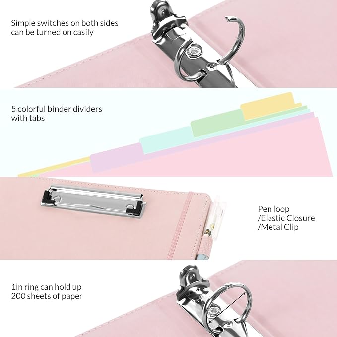 SKYDUE Pink 3 Ring Binder with Clipboard, 1 Inch Linen Binder - Image 5