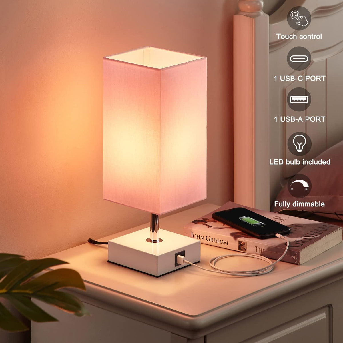 pink touch table lamp for bedroom - dimmable, close-up detail