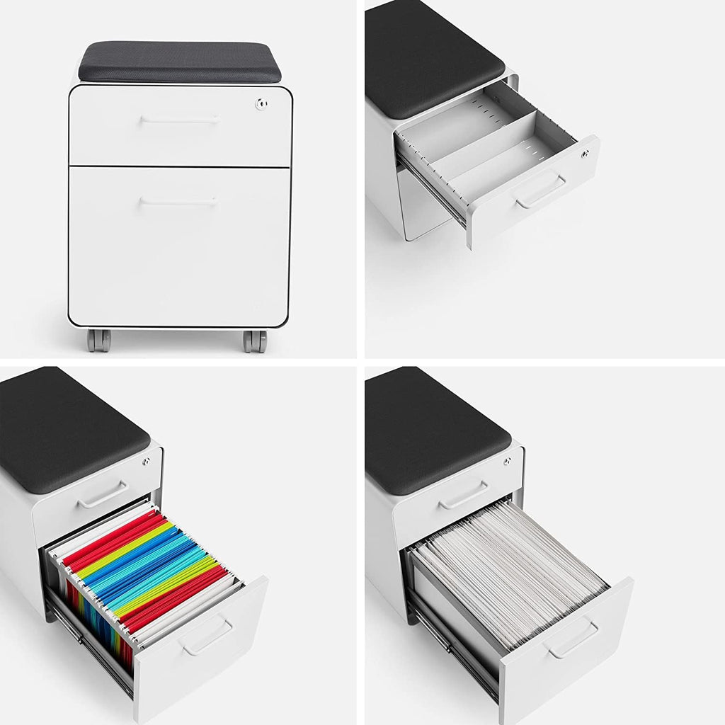 Poppin Mobile Mini Sittable Stow Rolling File Cabinet - White with Dark Gray Seat Cushion. Two Locking Drawers and One Key Lock. Two Keys Included. One Utility Drawer and One Hanging File Drawer