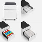 Poppin Mobile Mini Sittable Stow Rolling File Cabinet - White with Dark Gray Seat Cushion. Two Locking Drawers and One Key Lock. Two Keys Included. One Utility Drawer and One Hanging File Drawer
