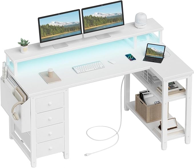Lufeiya L Shaped Desk with Led Lights and Power Outlets, 47 Inch Writing Study by LUFEIYA