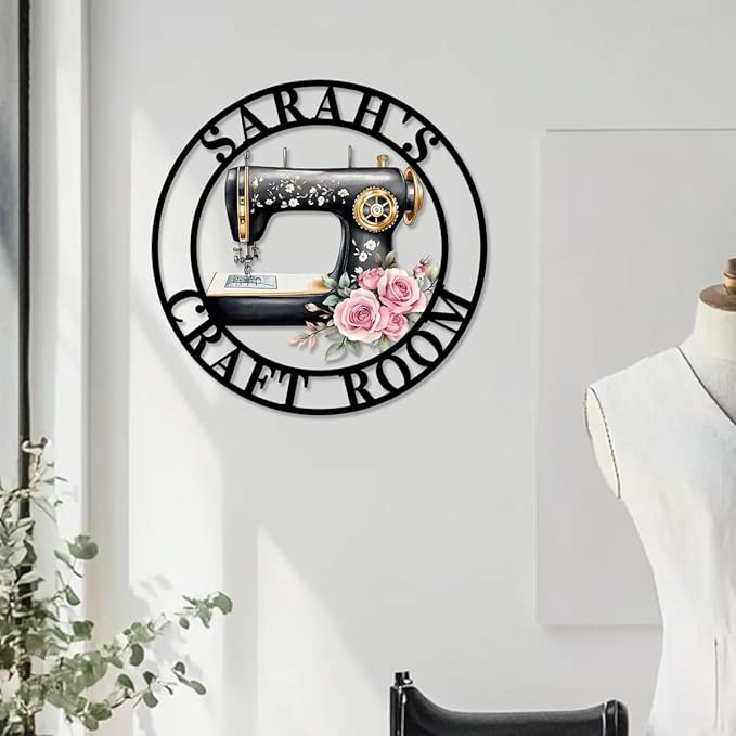 Custom Sewing Machine Metal Sign, Personalized Name Flowers Sewing Sign - Image 2