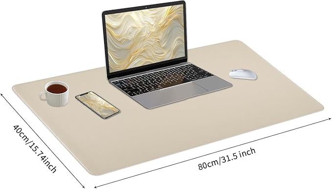 Beige Desk Mat with Stitched Edges, 31.5"×15.7" Keyboard Pad, Non-Slip Desk - Image 3