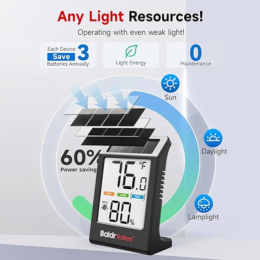 BaldrTherm Room Thermometer Indoor Humidity Meter, Solar-Powered 3.2'' Digital - Image 2