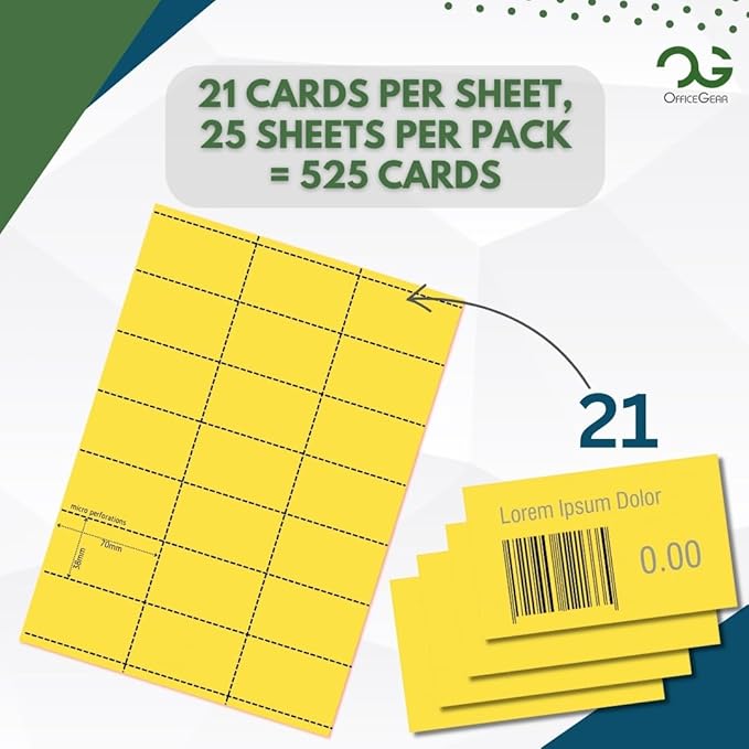 OfficeGear Yellow Shelf Edge Labels 21-up 38x70mm Printable A4 Card Perforated - Image 3