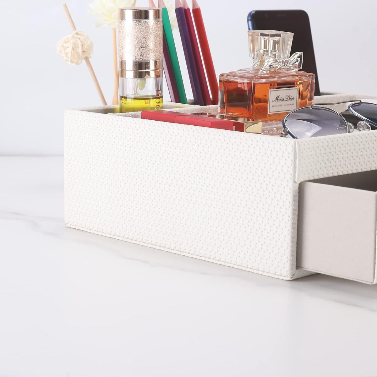 Leather Desk Organizer With Drawers, Home Cosmetics & Phone Remote Organi...