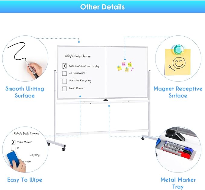 maxtek Rolling Whiteboard, 72x48 Large Double-Sided White Board Dry Erase on - Image 4