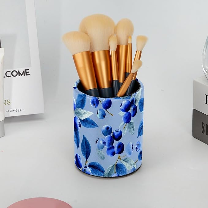 Leather Pen Holder for Desk Blueberry Blue Pencil Cup Desktop Organizer Makeup - Image 6