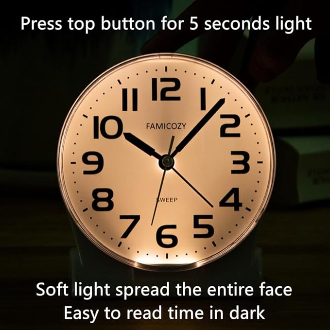 FAMICOZY 4.5" No Ticking Analog Alarm Clock, Silent Readable - Image 5