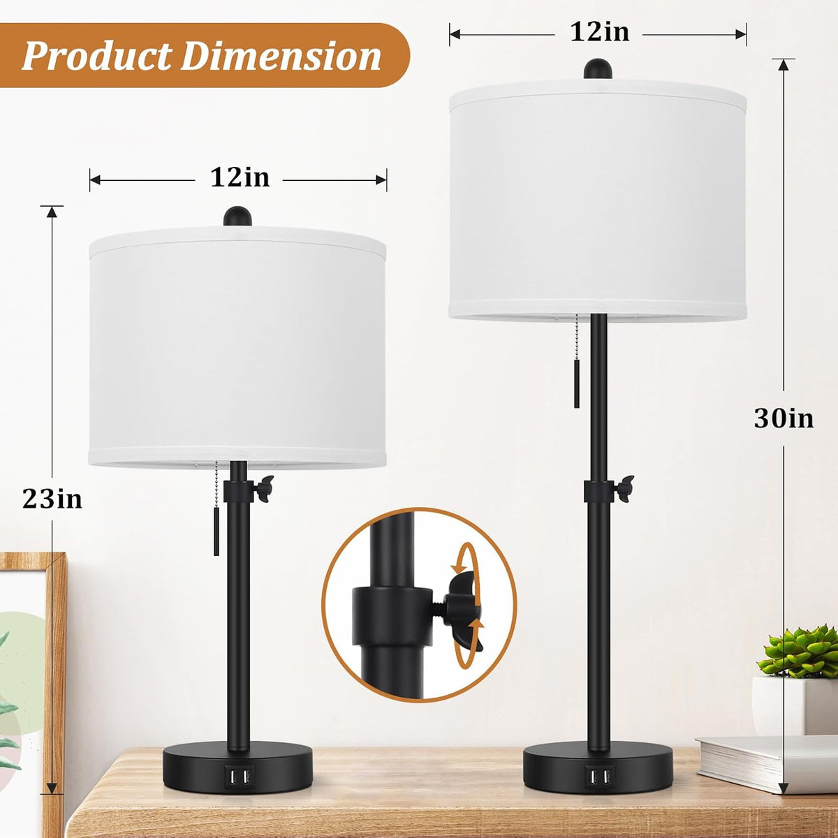 Kondras Table Lamp for Bedroom, 23" to 30" Height Adjustable Bedsid...