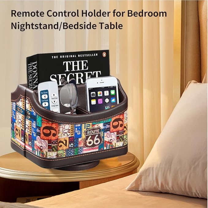PUSU Remote Control Holder, Colorful Pattern Nightstand TV Caddy, PU Leather - Image 6