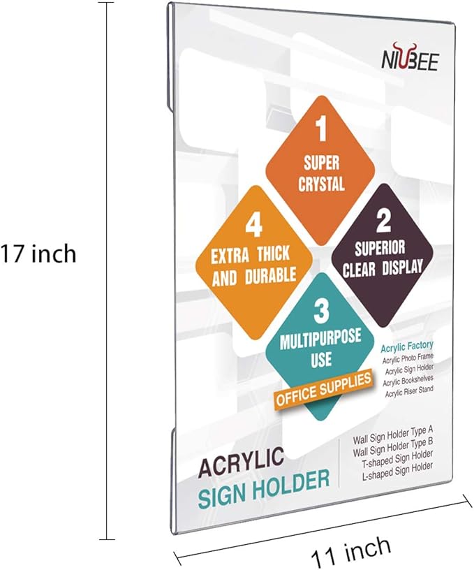Niubee 6 Pack Acrylic Sign Holder 11 x 17 inches Wall Mount Sign Holders Clear - Image 2