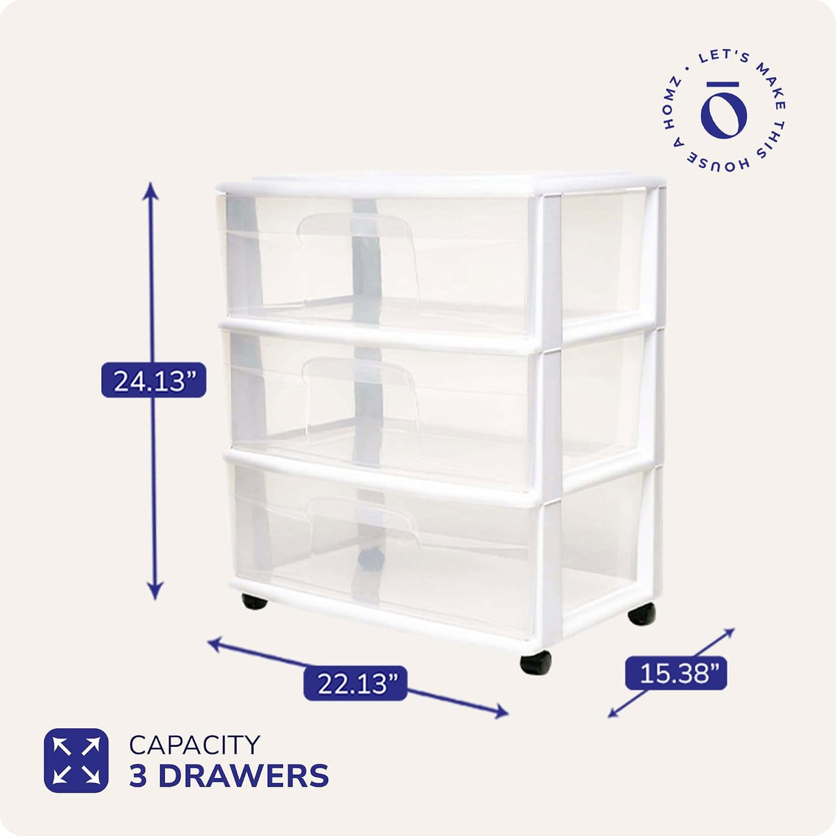 HOMZ Drawer Tower, 3-Tier Storage Cart with Removable Wheels, White Frame