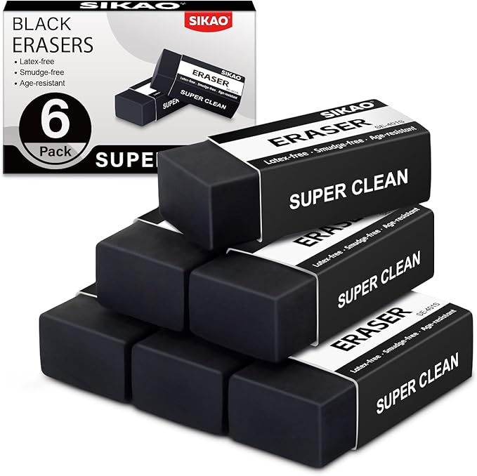 Black Erasers, 6 Pack Block Pencil Erasers – Smudge-Free Latex-Free Art Erasers by Sikao