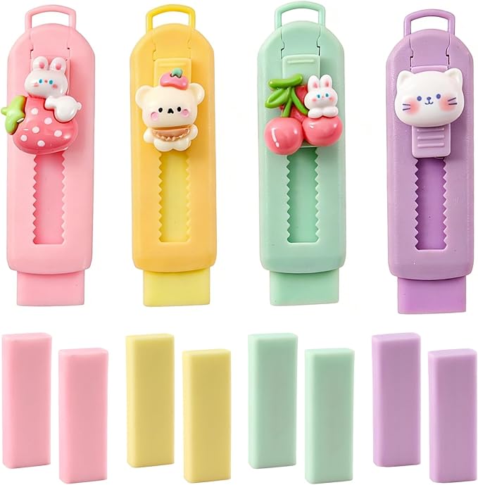 BetterJonny Sliding Retractable Eraser, 4 Color Push Pull Erasers and 8 Refills by BetterJonny