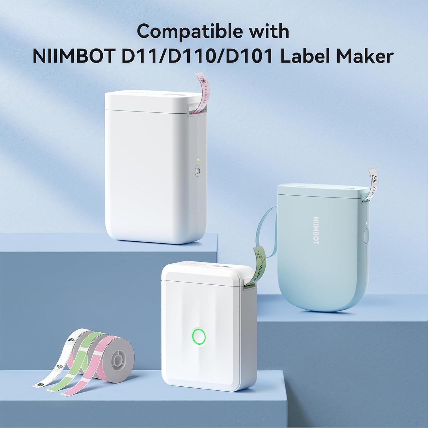 NIIMBOT Label Maker Tape for D110/D11/D101 Label Printer, Multi-Size | 3Rolls Pack | 0.47'' x 1.57''White, 0.55'' x 1.18''Transparent, 0.49'' x 4.29''White Cable, for Home Office School Labeling