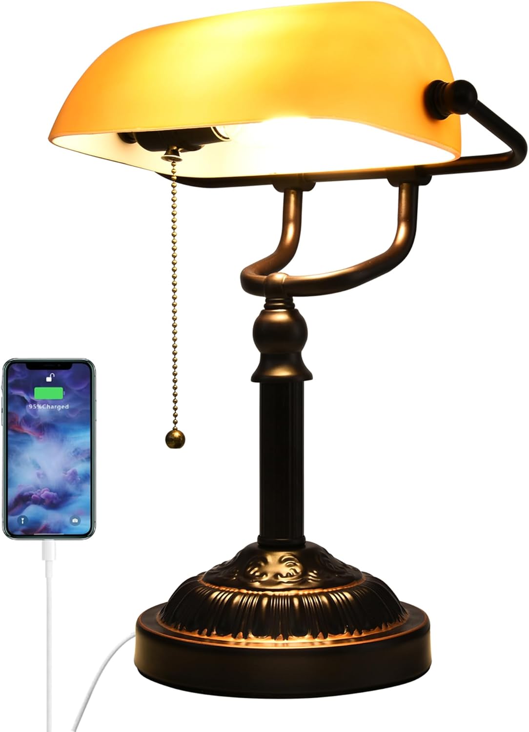 Bankers Desk Lamp with USB-A Port, Rustic Desk Lamp Pull Chain with Yellow Gl...