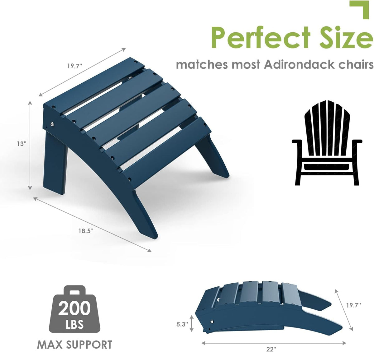 GREENVINES Adirondack Ottoman Set of 2, HDPE Plastic, Blue