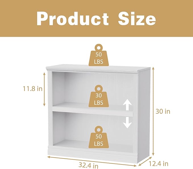 blini 2-Shelf White Bookcase Wooden Bookshelves 33in Wide Floor Standing - Image 3