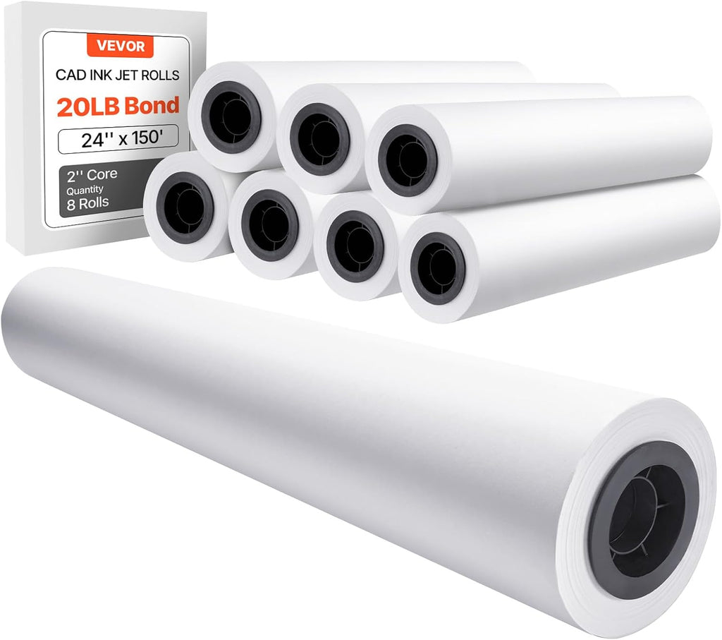 VEVOR Wide Format Paper, 24 in x 150 ft Plotter Roll, 8 Rolls CAD Bond Rolls