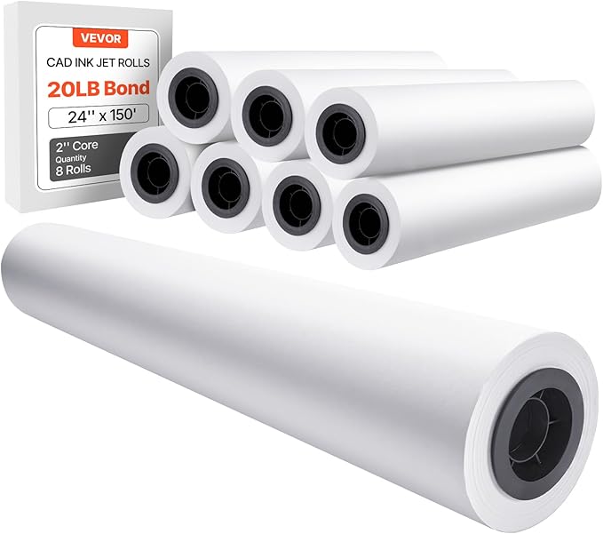 VEVOR Wide Format Paper, 24 in x 150 ft Plotter Roll, 8 Rolls CAD Bond Rolls by VEVOR