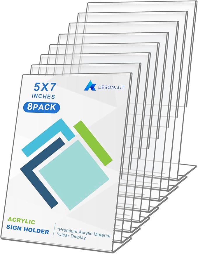 DESONAUT 8 Pack Slant Back Acrylic Sign Holder 5x7 inches, Desktop Tabletop by DESONAUT