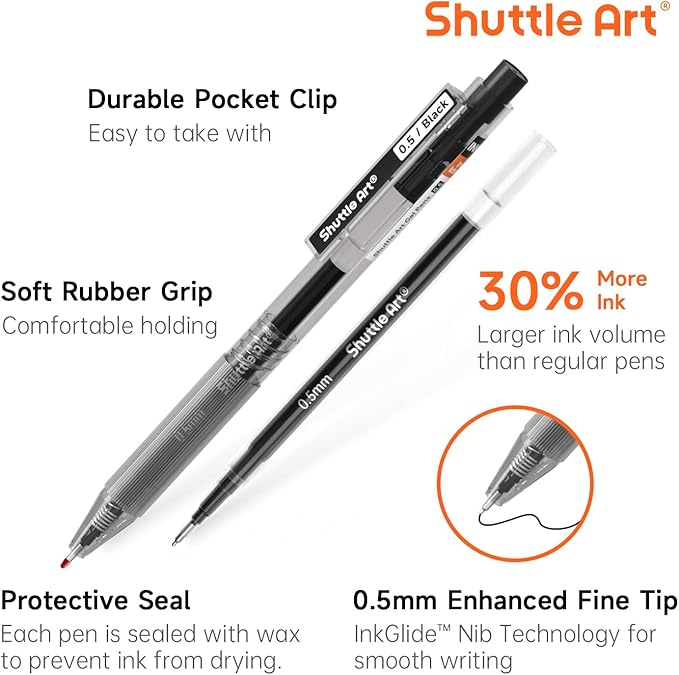 Shuttle Art Black Gel Pens, Ink Glide Series 15 Pack Retractable 0.5mm Fine - Image 2