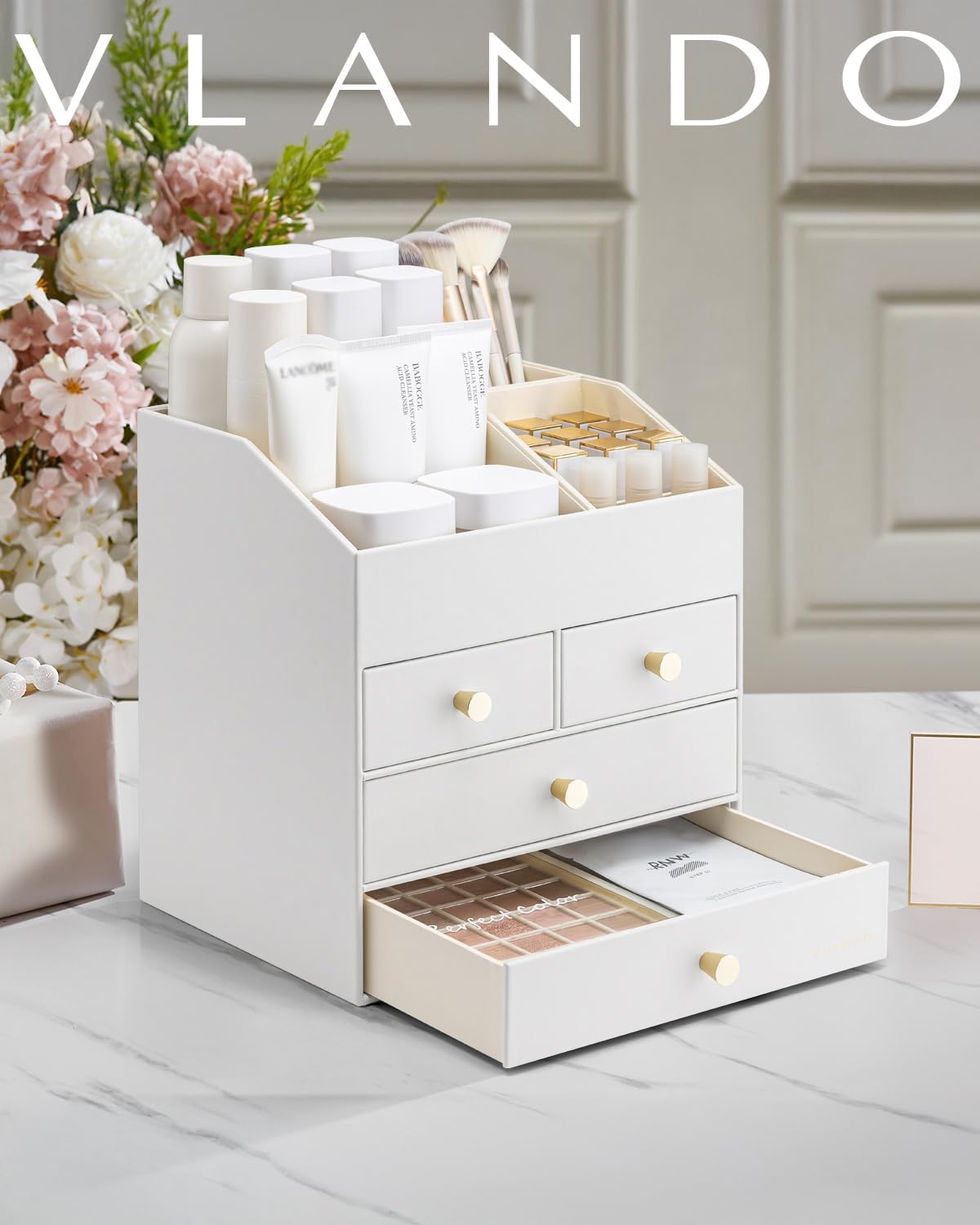 VLANDO Makeup Organizer Countertop with 4 Drawers,White