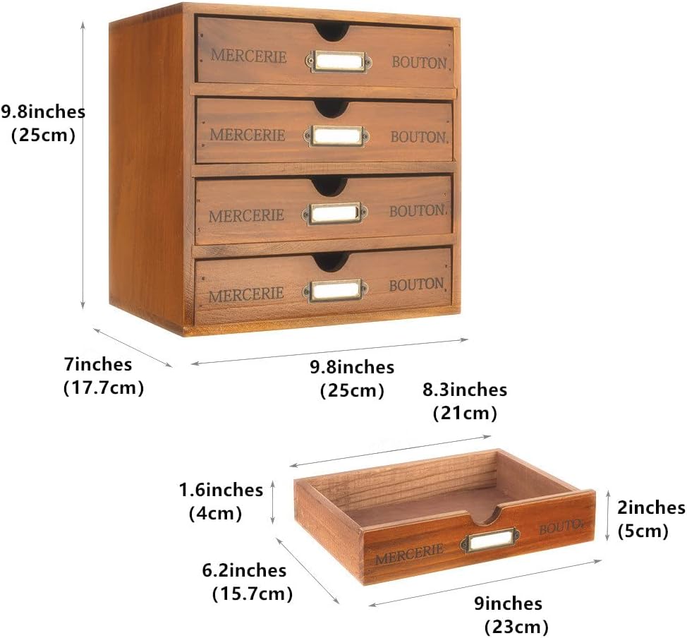 Wooden Storage Box Rustic Desktop Organizer with Drawers/Labels 4 Tier Office...