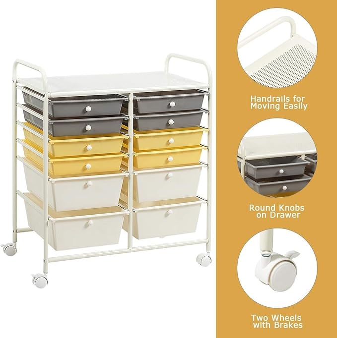 Happygrill 12-Drawer Rolling Storage Cart, 2 Sizes Plastic Drawers & Metal Shelf - Image 6