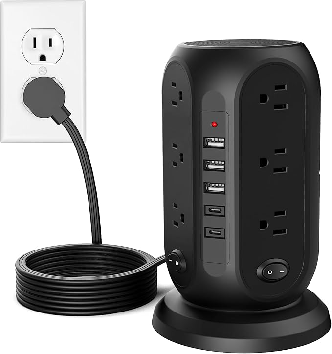 Tower Power Strip with 12 Outlets and 5 USB Ports, Flat Extension Cord 10 Ft by Unknown