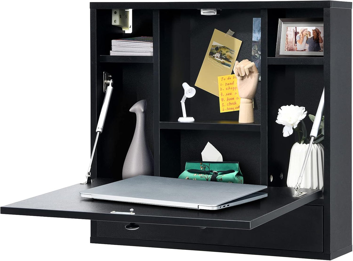 COSTWAY Wall-Mounted Computer Desk, Floating Desk with Storage Drawer & S...