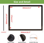 zocelight a3 rechargeable light box with stand/clips,led light showing dimensions