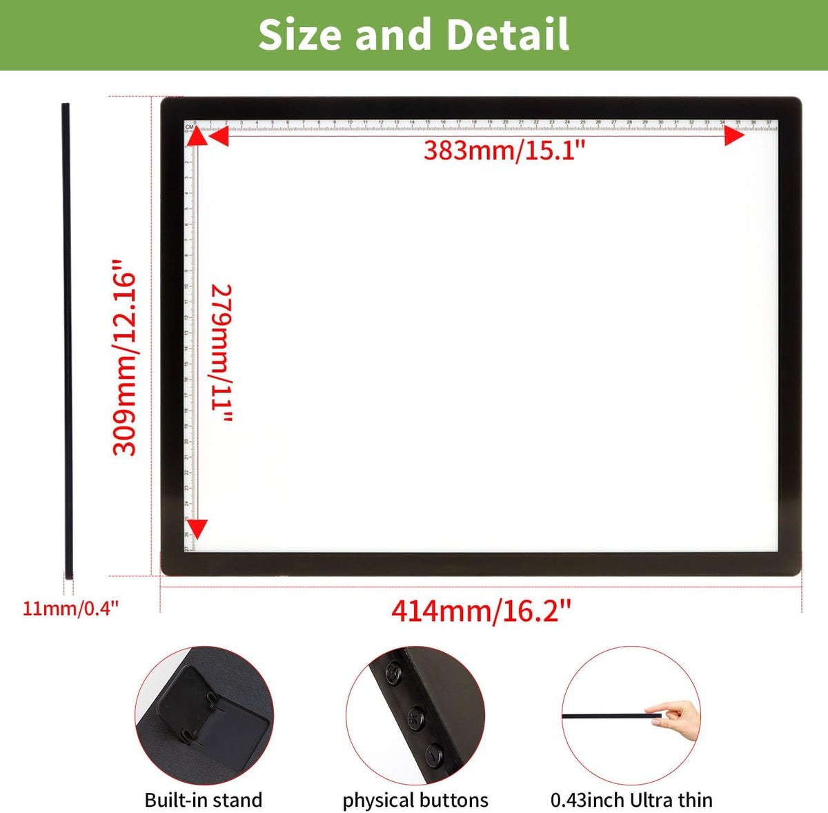 zocelight a3 rechargeable light box with stand/clips,led light showing dimensions