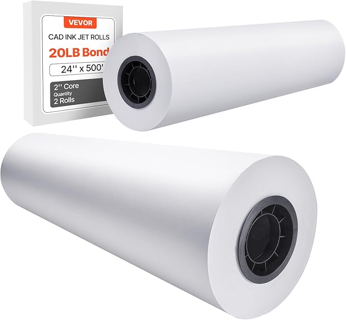 VEVOR Wide Format Paper, 24 in x 500 ft Plotter Paper, 2 Rolls CAD Bond Rolls by VEVOR