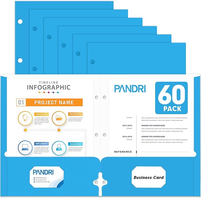 Two Pocket Portfolio Folders, PANDRI 60 Pack 3 Hole Punched 2 Pocket Folders by PANDRI