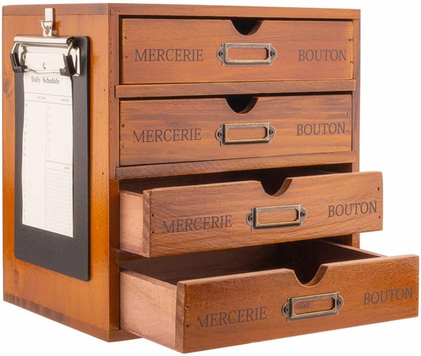 Wooden Storage Box Rustic Desktop Organizer with Drawers/Labels 4 Tier Office...