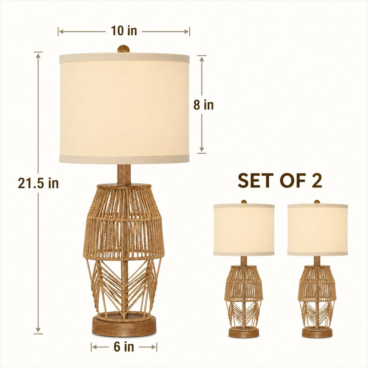 21.5 Inch Boho Table Lamps Set of 2, Rattan Wicker Bedside Lamps