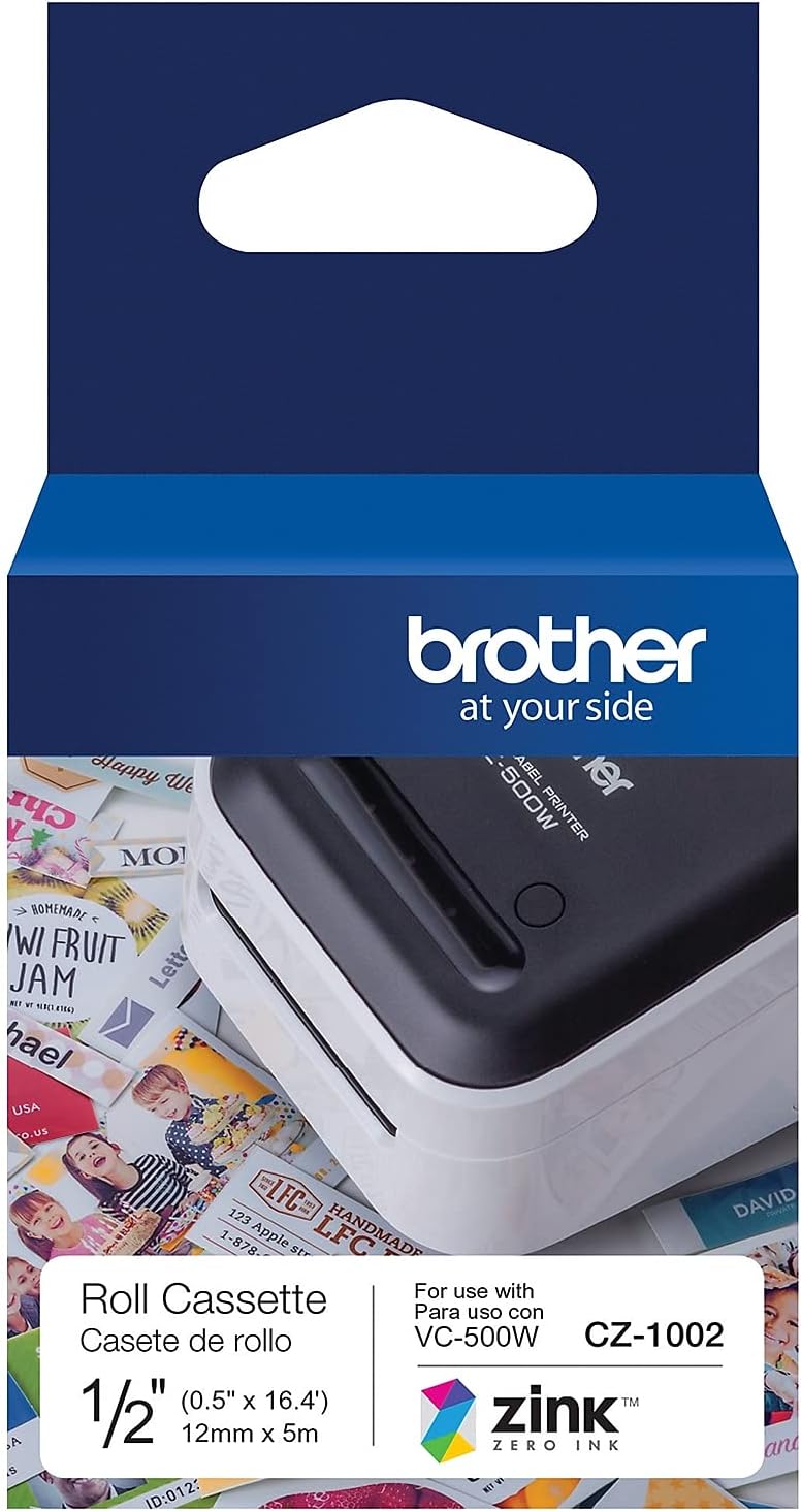 Brother Genuine CZ-1002 Continuous Length ½” (0.5”) 12mm Wide x 16.4 ft. (5 m) Long Label roll Featuring Zink Zero Ink Technology