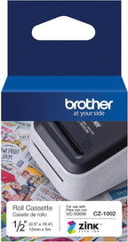 Brother Genuine CZ-1002 Continuous Length ½” (0.5”) 12mm Wide x 16.4 ft. (5 m) Long Label roll Featuring Zink Zero Ink Technology