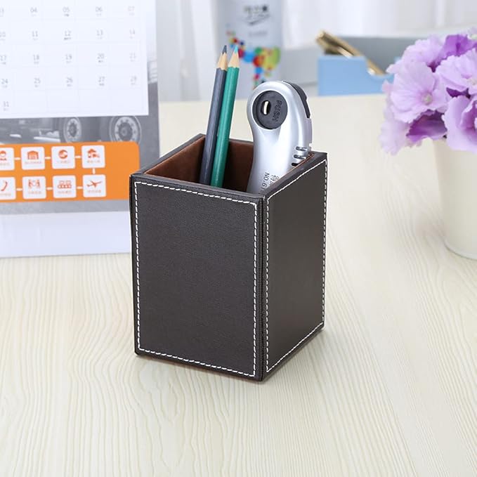 KINGFOM PU Leather Square Pens Pencils Holder Cup Desktop Stationery Organizer - Image 8