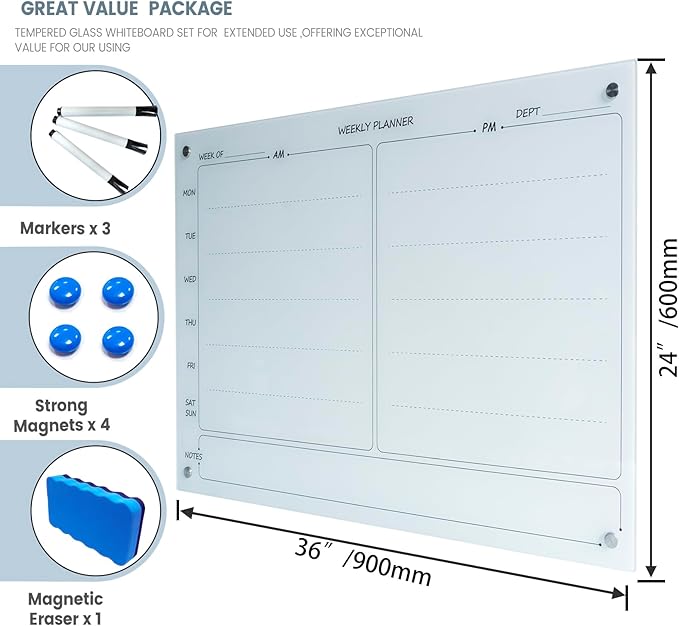Magnetic Planner Writeboard 24"X36" Weekly Glass Calendar White Glassboard - Image 2