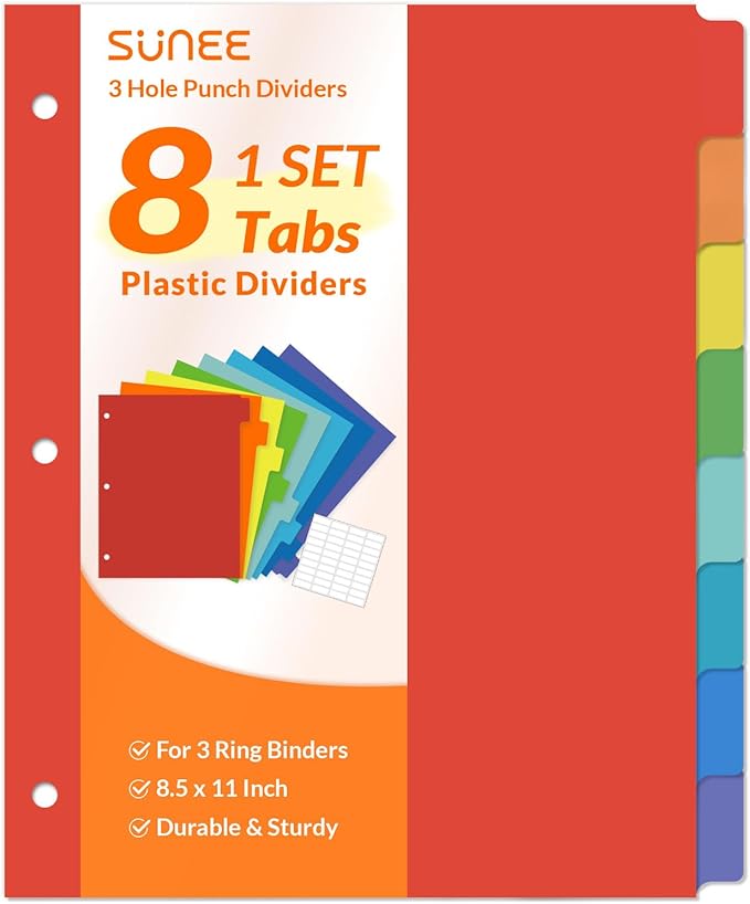 SUNEE 8 Tab Binder Dividers, Plastic Dividers by SUNEE