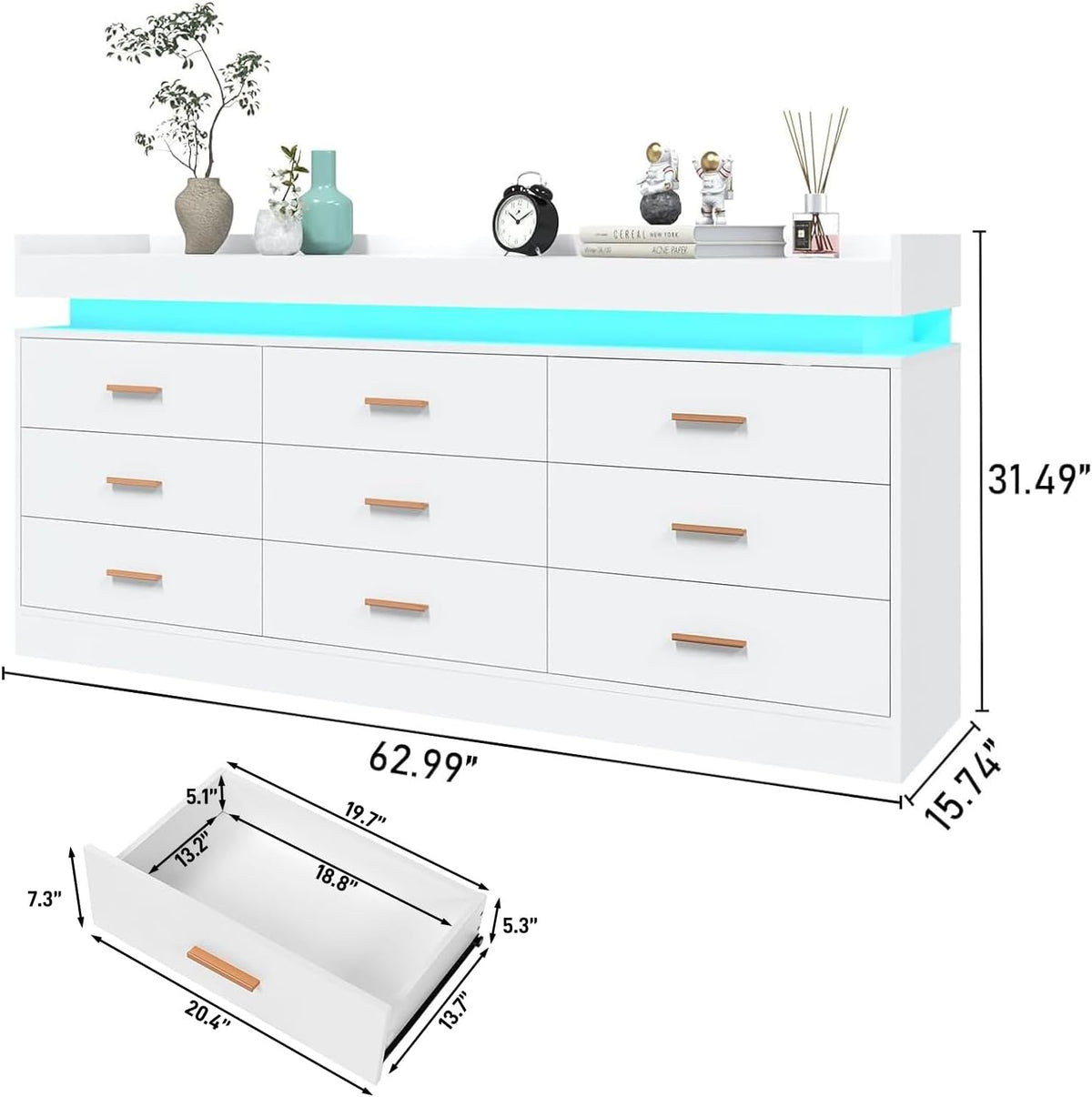 Hlivelood 9 Drawer Dresser with LED Light and Charging Station, Modern Chest ...