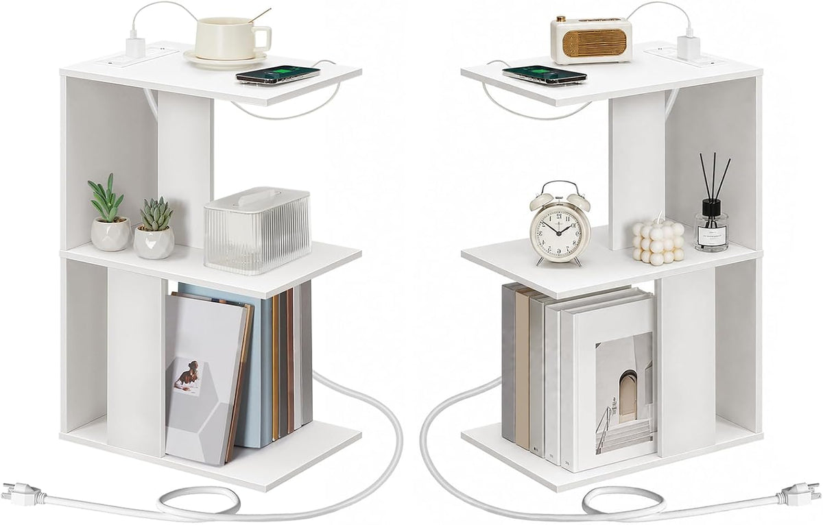 MAHANCRIS Set of 2 Narrow Side Table, White End Table with Charging Station