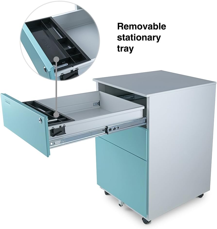 Aurora FC-103BL Fully Assembled Modern Soho Design 3-Drawer Metal Mobile File Cabinet with Lock Key, White/Aqua Blue