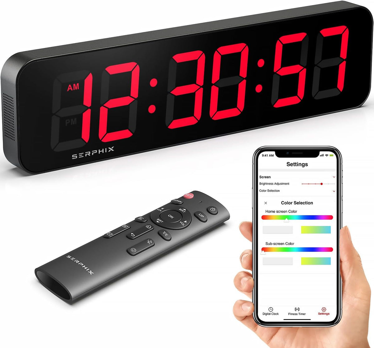 15.2" large digital wall clock with seconds, gym, main product view