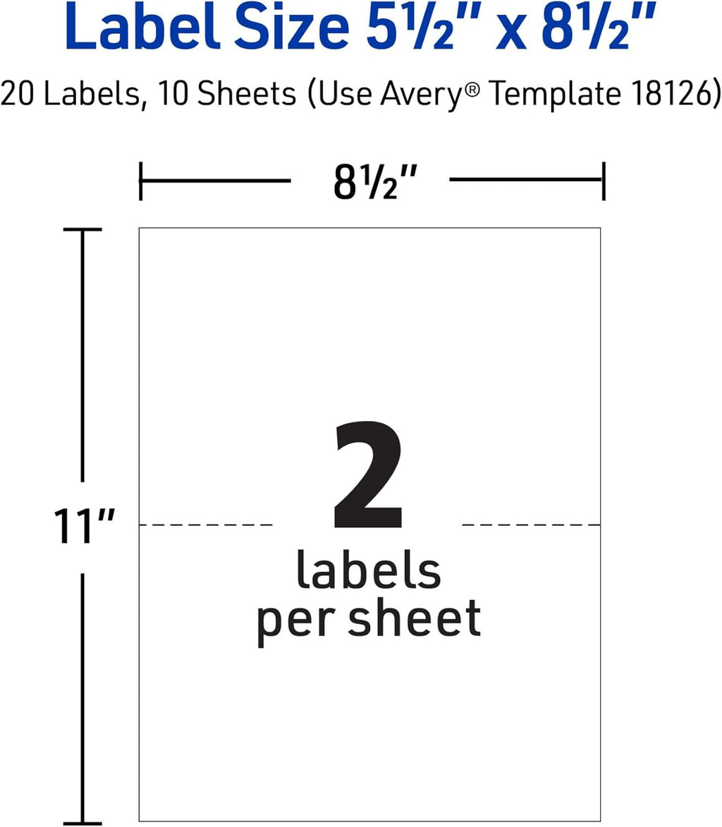 Avery Half-Sheet Printable Shipping Labels, 5.5" x 8.5" Customizable Stickers, White, 20 Blank Mailing Labels, Great for Mailing, Shipping, Organizing, and More (18126) (Pack of 5)